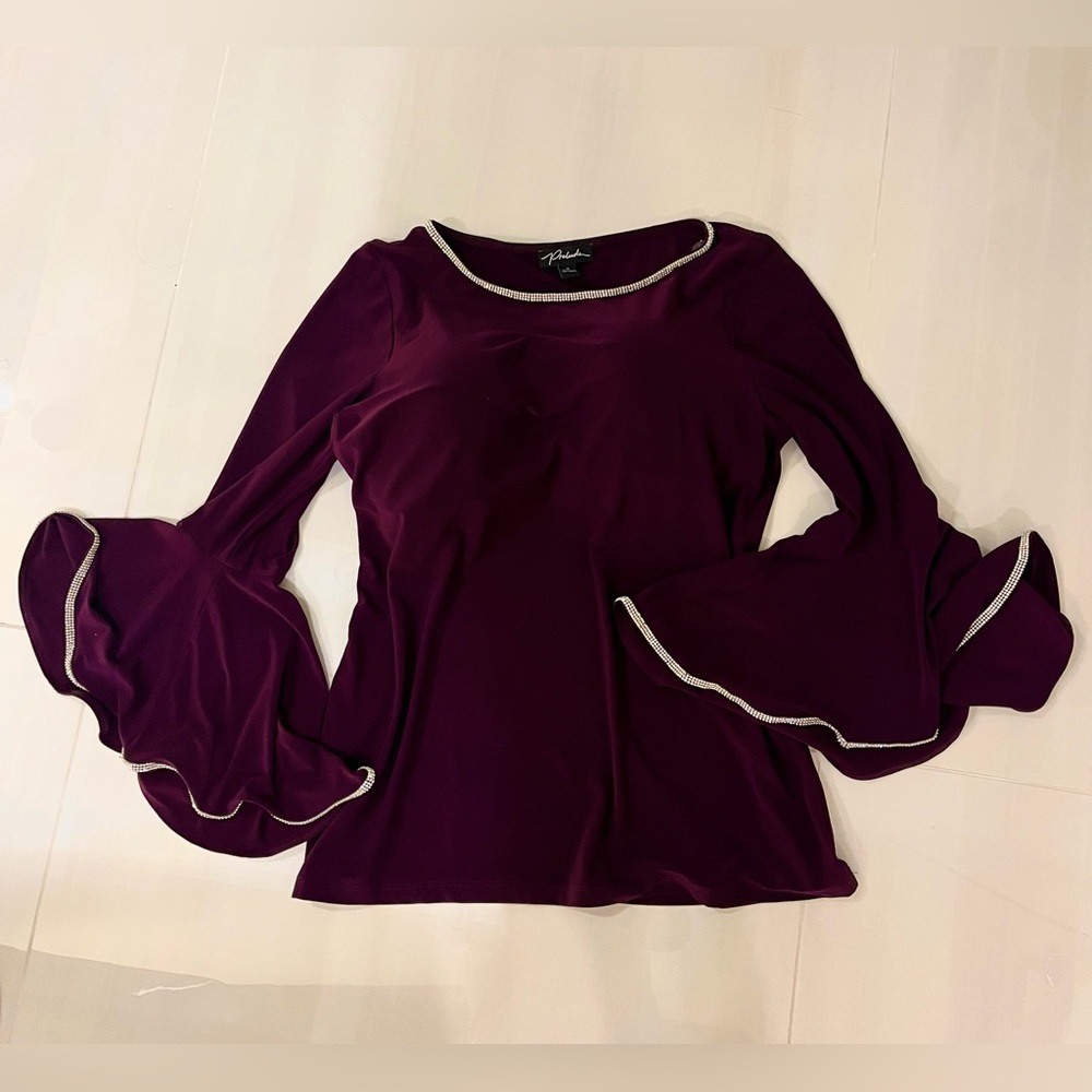 Elegant Rhinestone Embellished Trumpet Sleeve Top, Size Small.